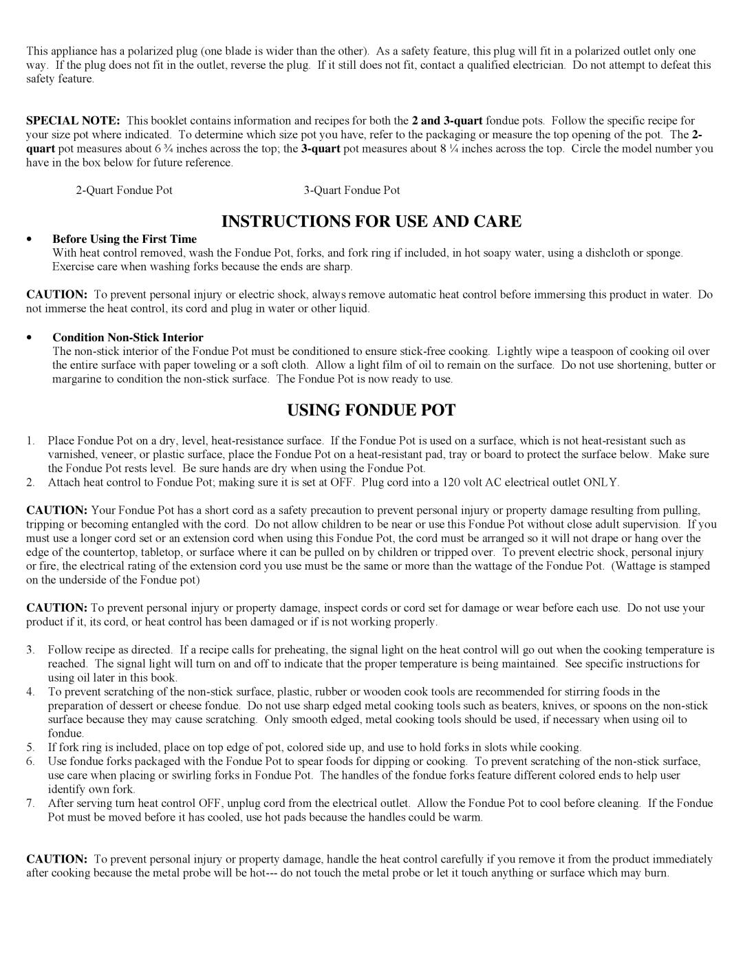 West Bend 88999 Instructions for USE and Care, Using Fondue POT, Before Using the First Time, Condition Non-Stick Interior 