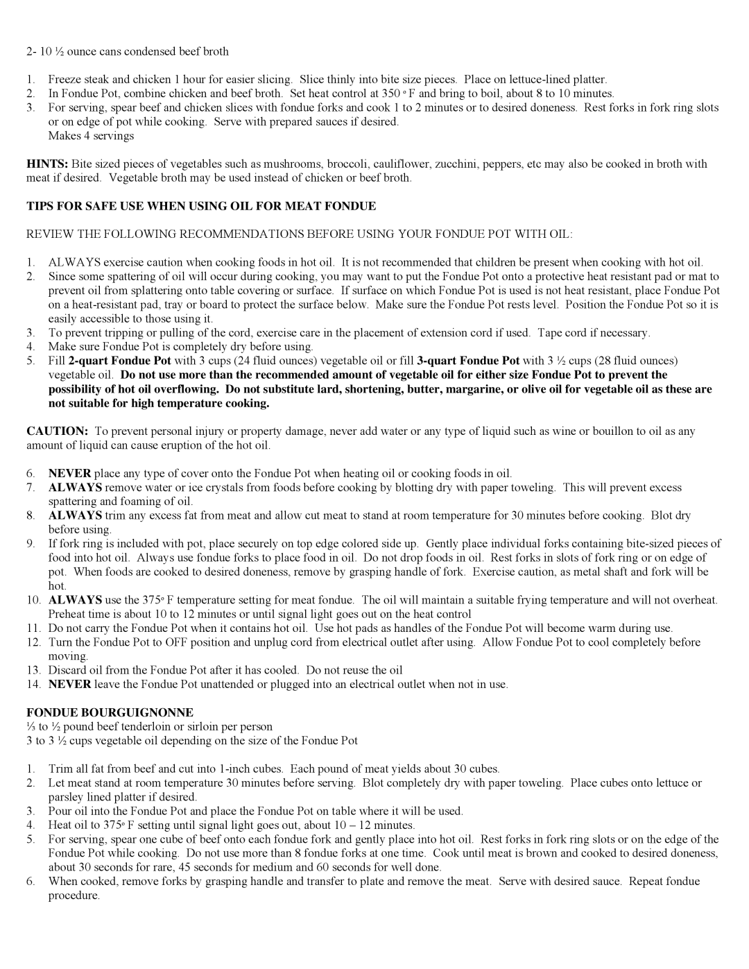 West Bend 88000, 88999 instruction manual Tips for Safe USE When Using OIL for Meat Fondue, Fondue Bourguignonne 