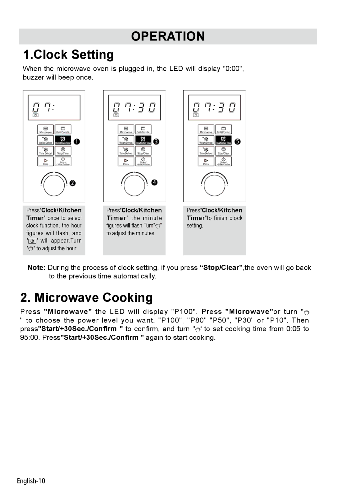 West Bend AG028PLV manual Clock Setting, Microwave Cooking 