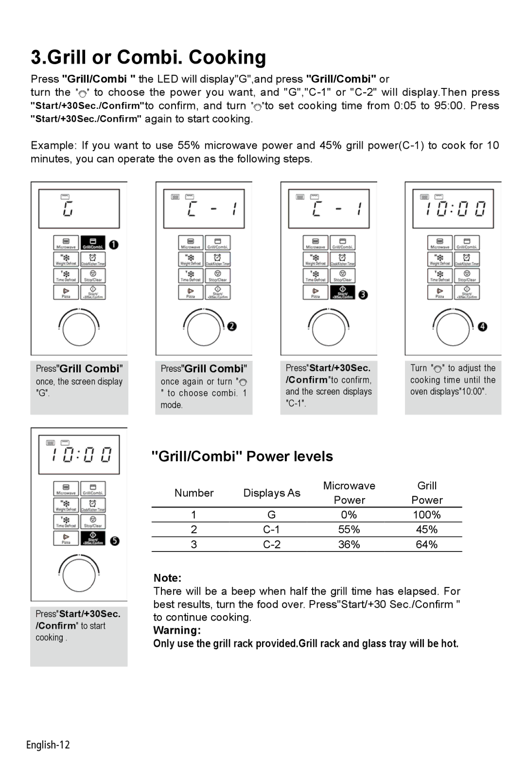 West Bend AG028PLV manual Grill or Combi. Cooking, Grill/Combi Power levels 