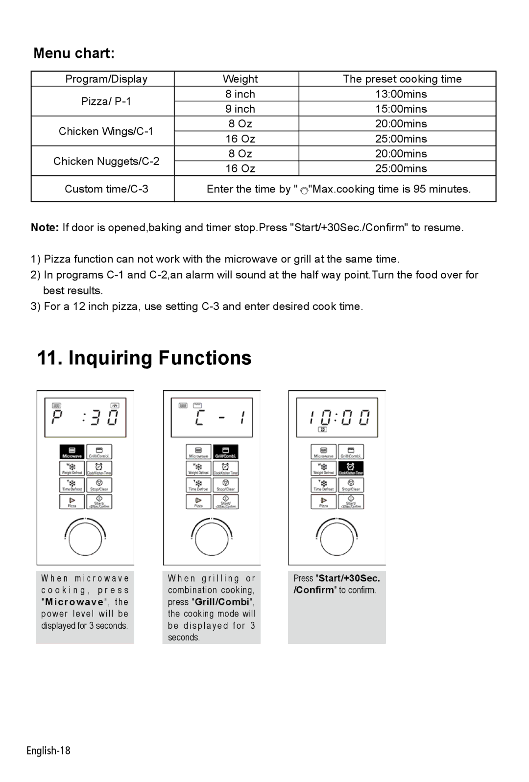 West Bend AG028PLV manual Inquiring Functions, Menu chart 