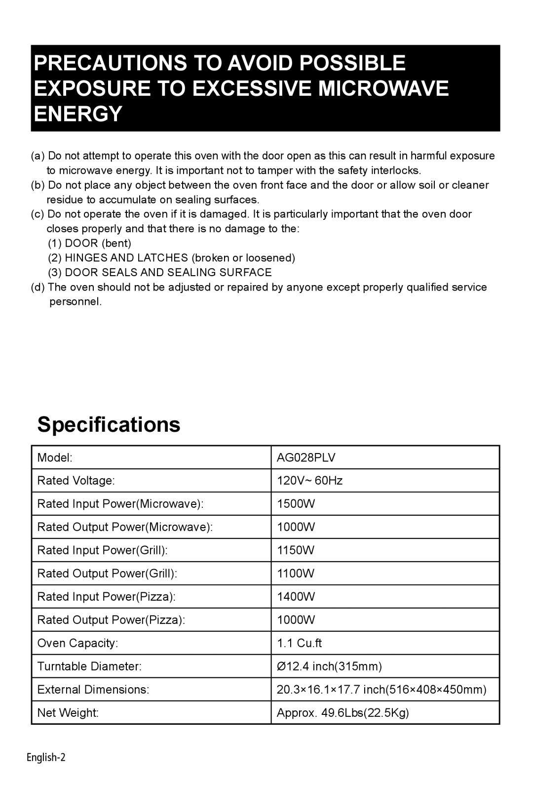 West Bend AG028PLV manual Specifications 