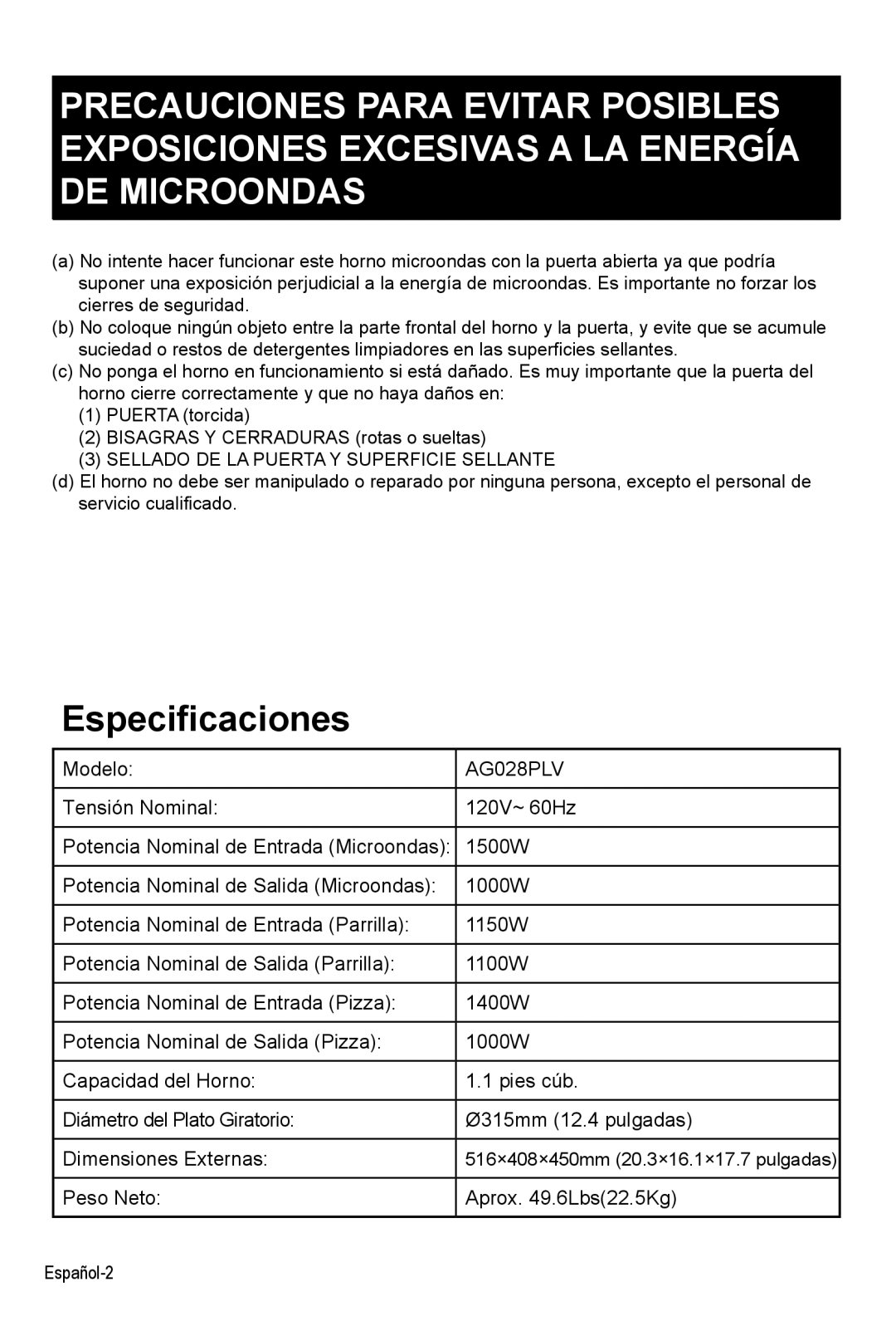 West Bend AG028PLV manual Especificaciones 