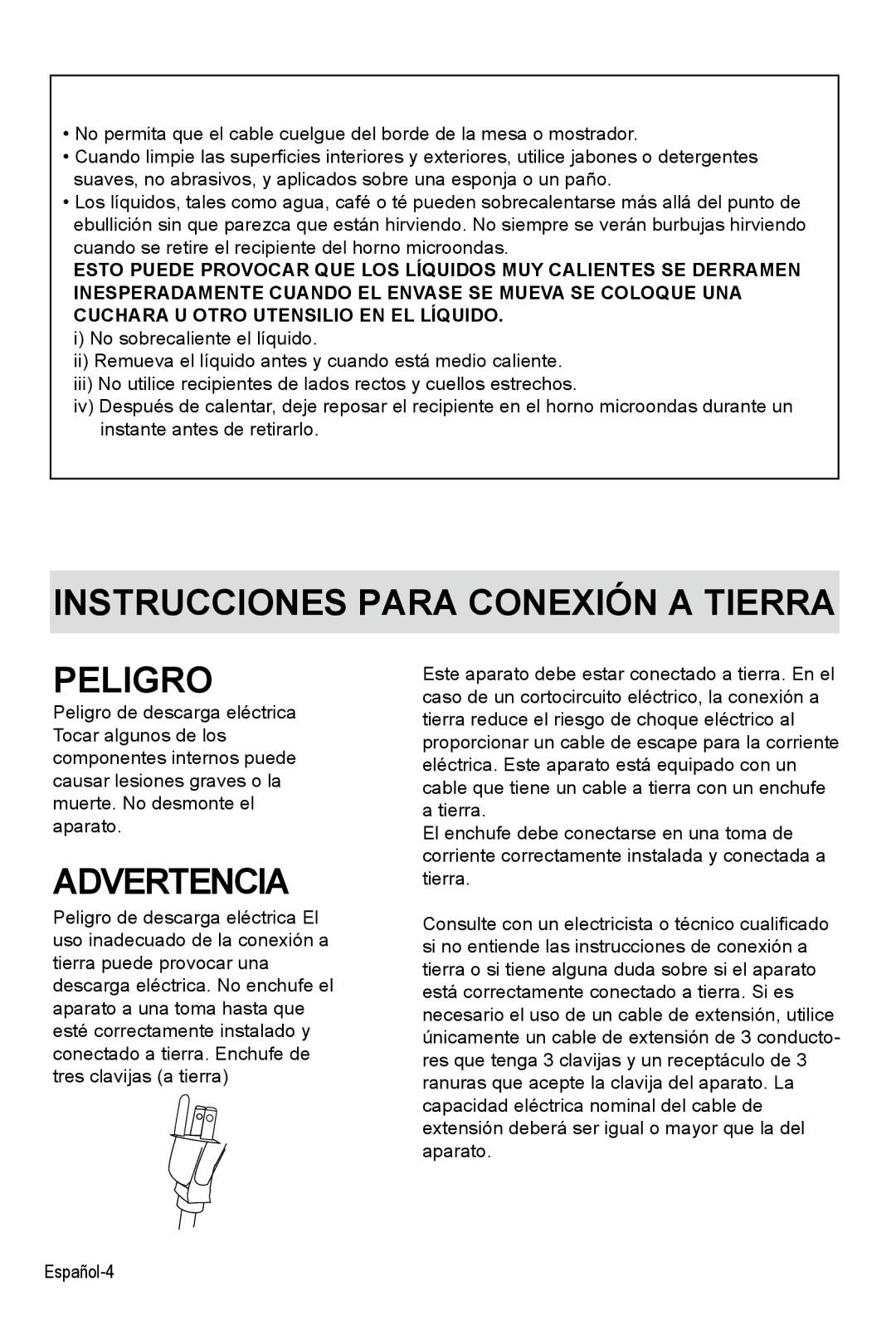 West Bend AG028PLV manual Instrucciones Para Conexión a Tierra Peligro 