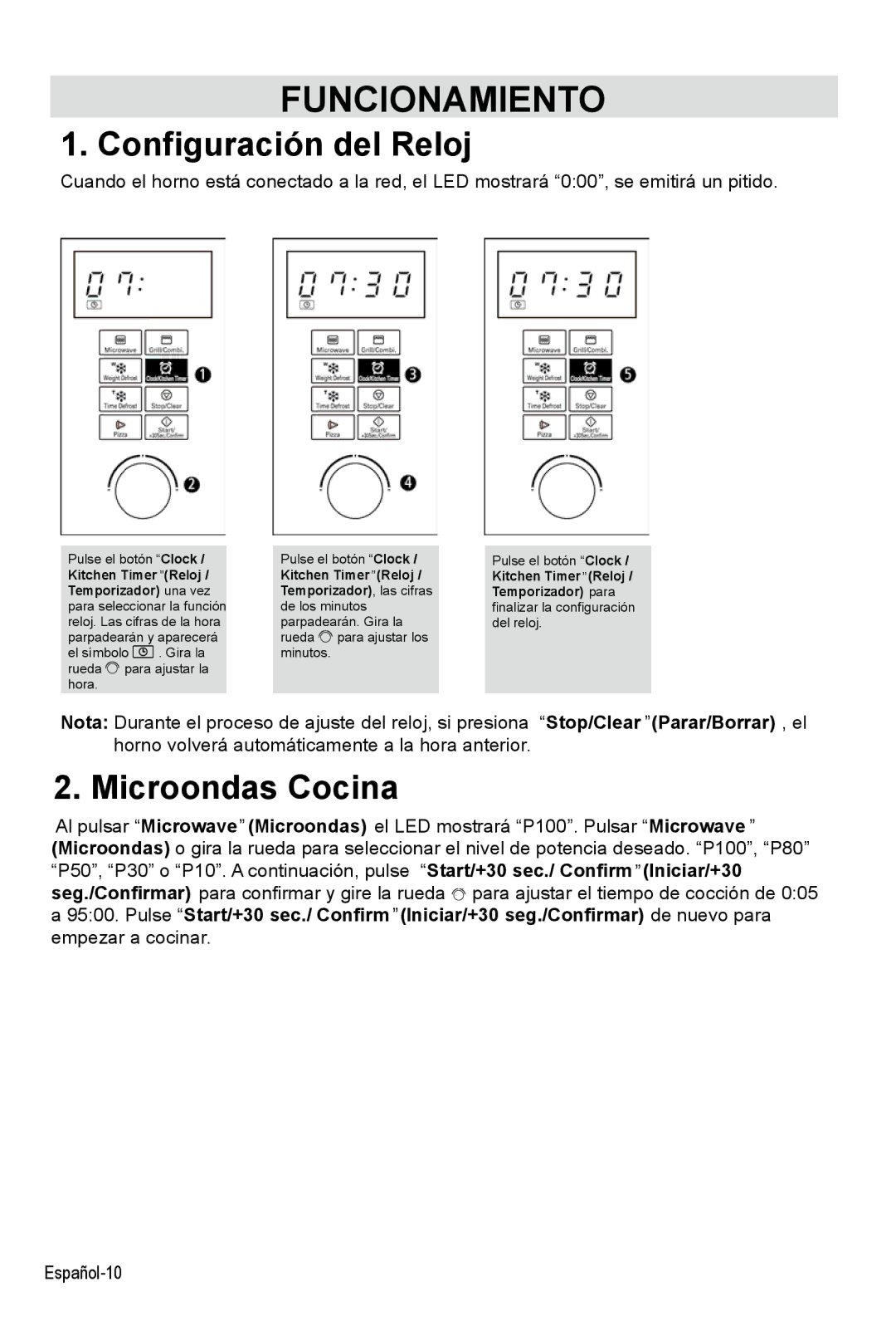 West Bend AG028PLV manual Configuración del Reloj, Microondas Cocina 