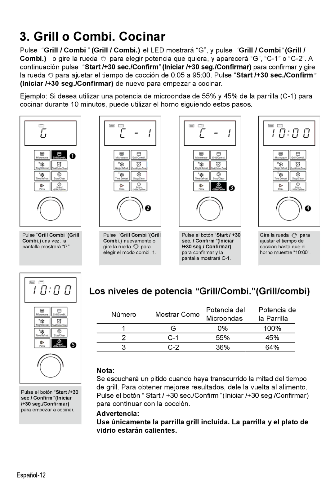 West Bend AG028PLV manual Grill o Combi. Cocinar, Los niveles de potencia Grill/Combi.Grill/combi 