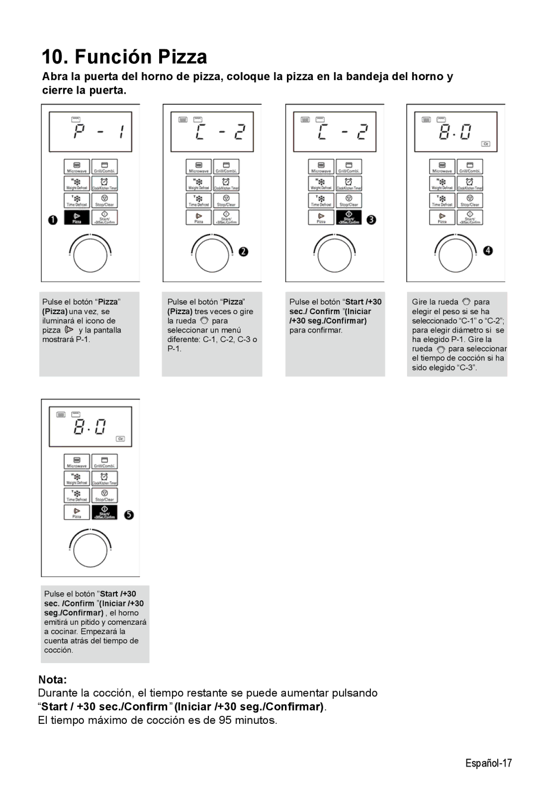 West Bend AG028PLV manual Función Pizza, +30 seg./Confirmar 