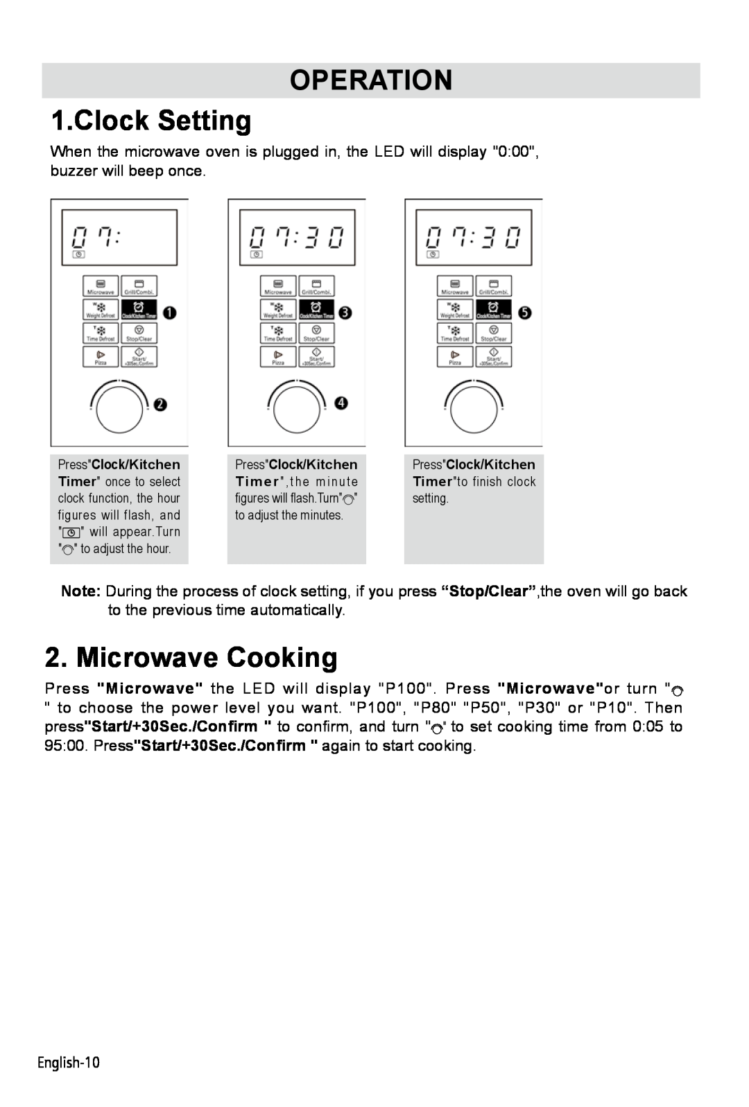 West Bend AG028PLV manual OPERATION 1.Clock Setting, Microwave Cooking 