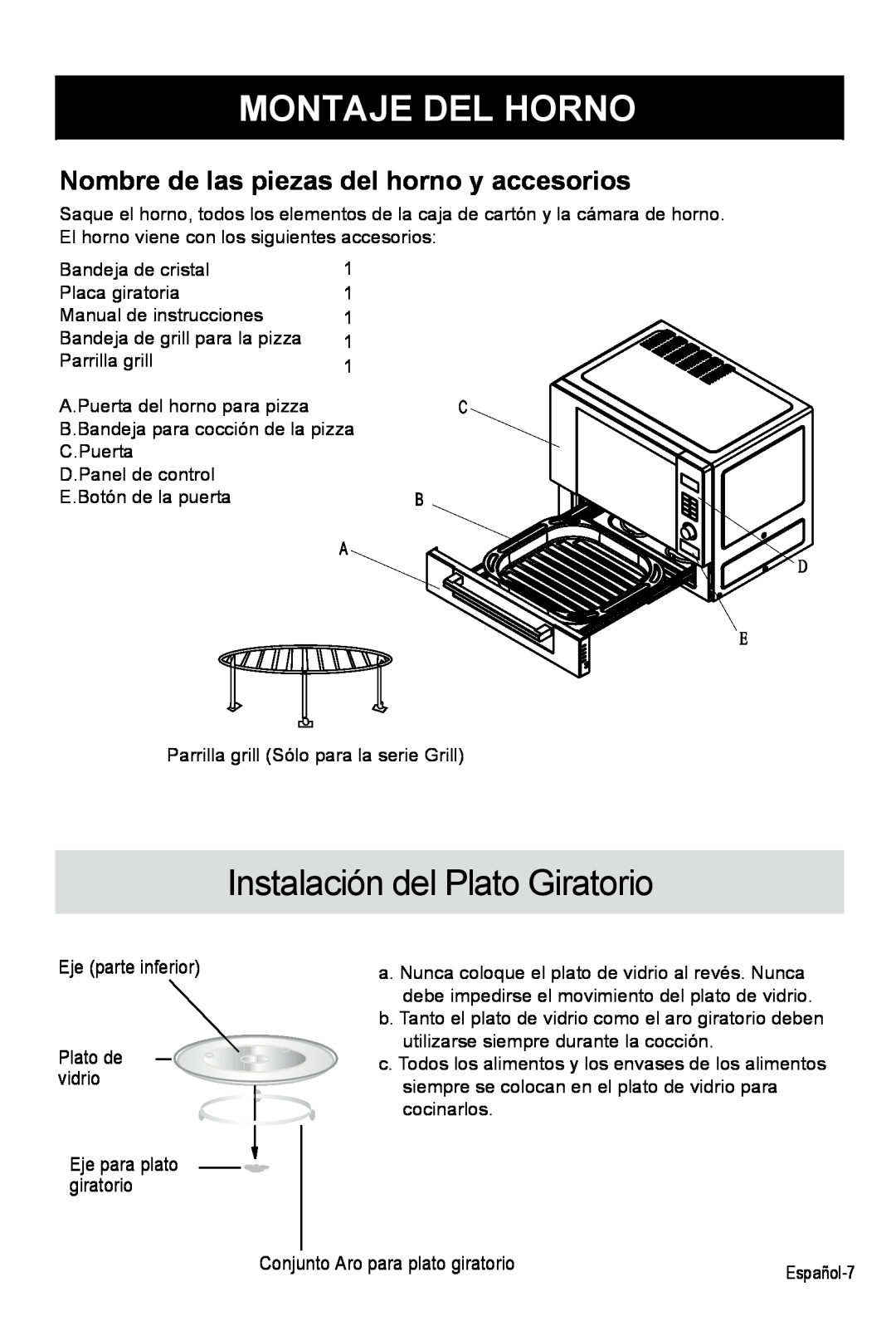 West Bend AG028PLV manual Montaje Del Horno, Instalación del Plato Giratorio, Nombre de las piezas del horno y accesorios 