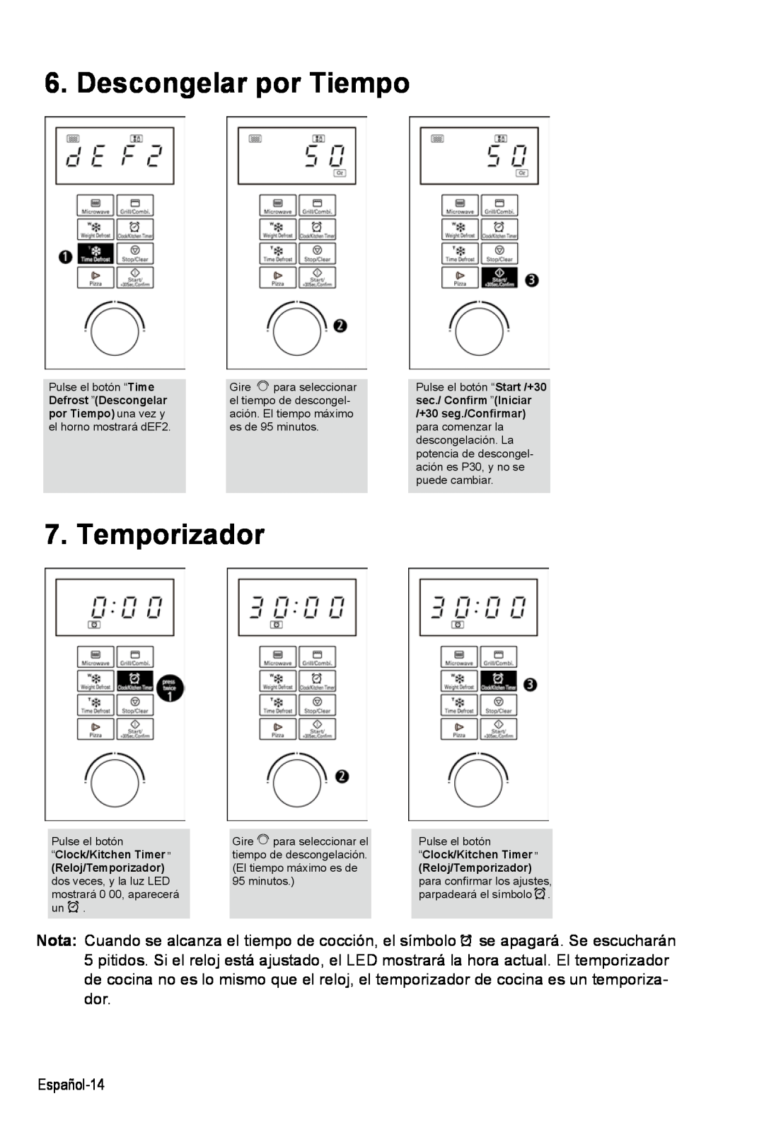 West Bend AG028PLV manual Descongelar por Tiempo, “Clock/Kitchen Timer ”, Reloj/Temporizador 