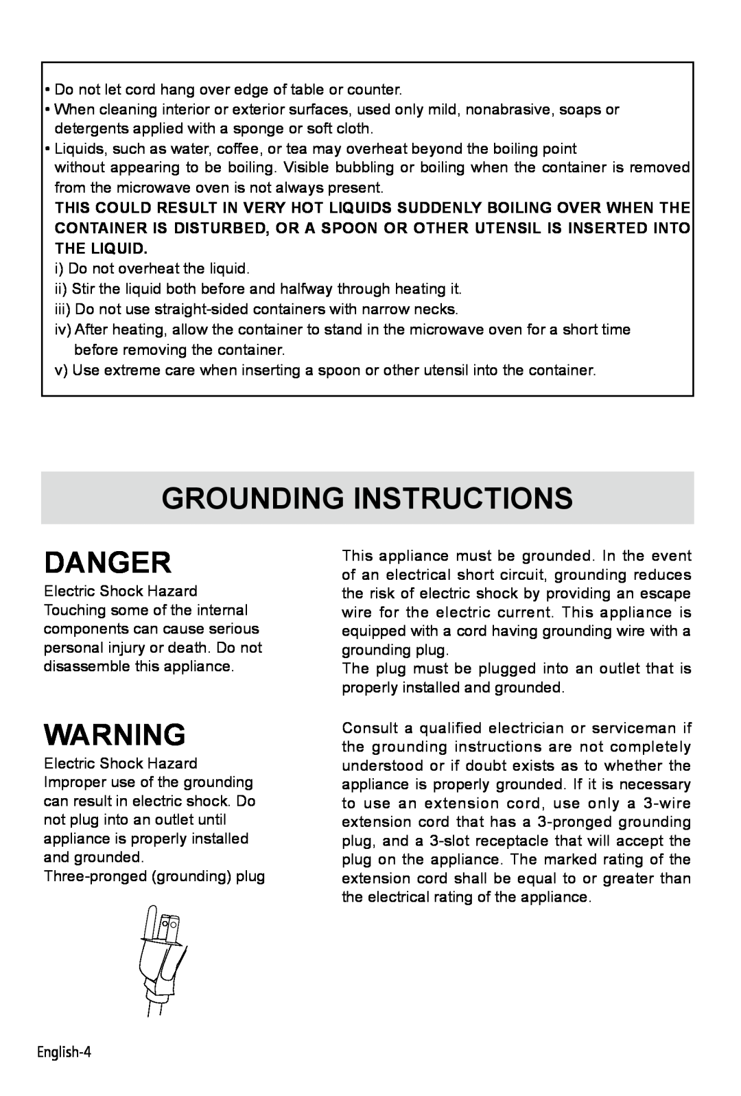 West Bend AG028PLV manual Grounding Instructions, Danger 