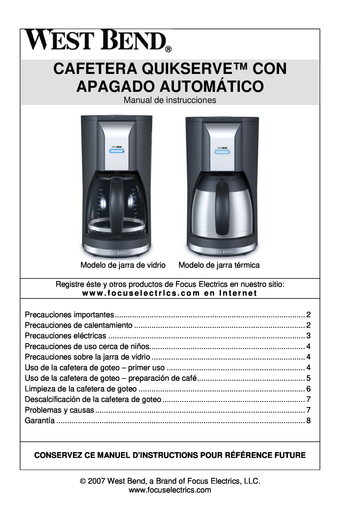 West Bend Auto-off Coffeemaker instruction manual Cafetera Quikserve Con Apagado Automático, Manual de instrucciones 