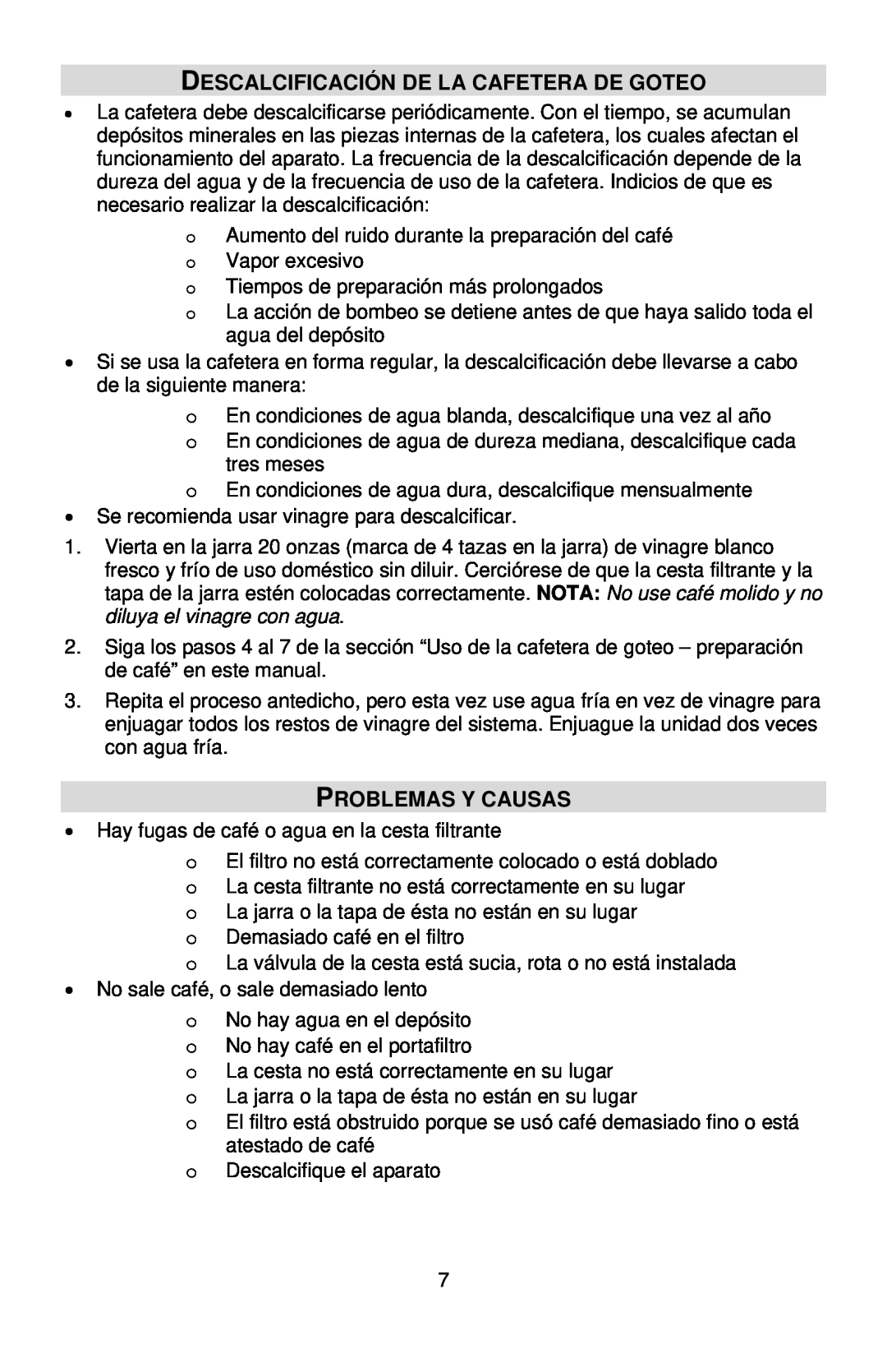 West Bend Auto-off Coffeemaker instruction manual Descalcificación De La Cafetera De Goteo, Problemas Y Causas 