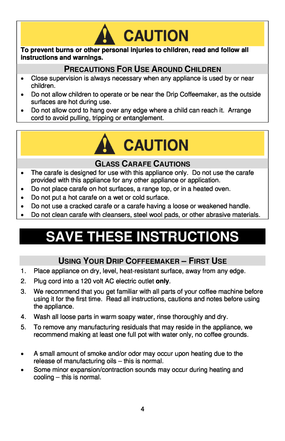 West Bend Auto-off Coffeemaker Save These Instructions, Precautions For Use Around Children, Glass Carafe Cautions 