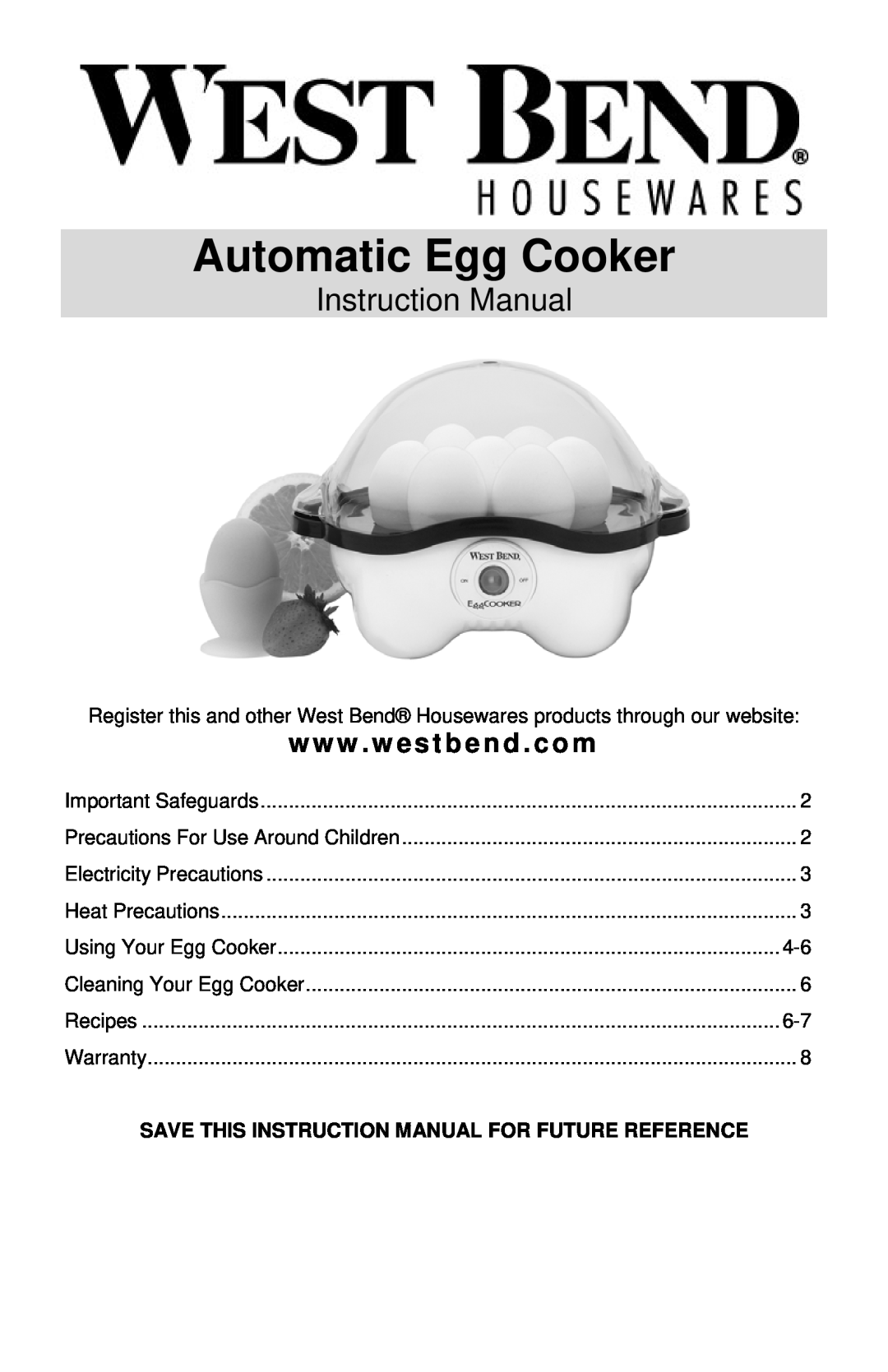 West Bend Automatic Egg Cooker instruction manual Instruction Manual, www . westbend . com 