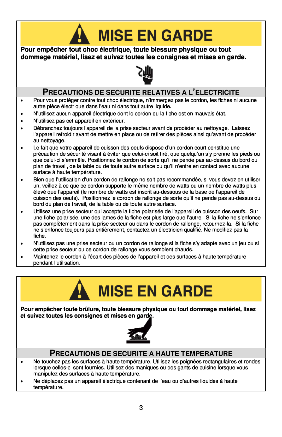 West Bend Automatic Egg Cooker instruction manual Precautions De Securite Relatives A L’Electricite 