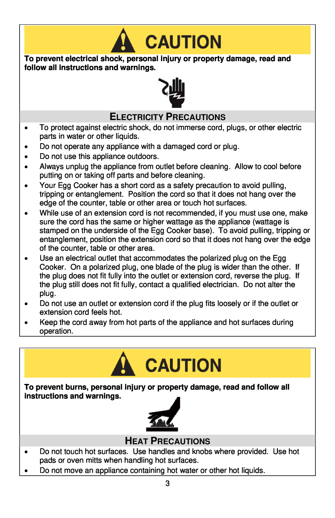 West Bend Automatic Egg Cooker instruction manual Electricity Precautions, Heat Precautions 