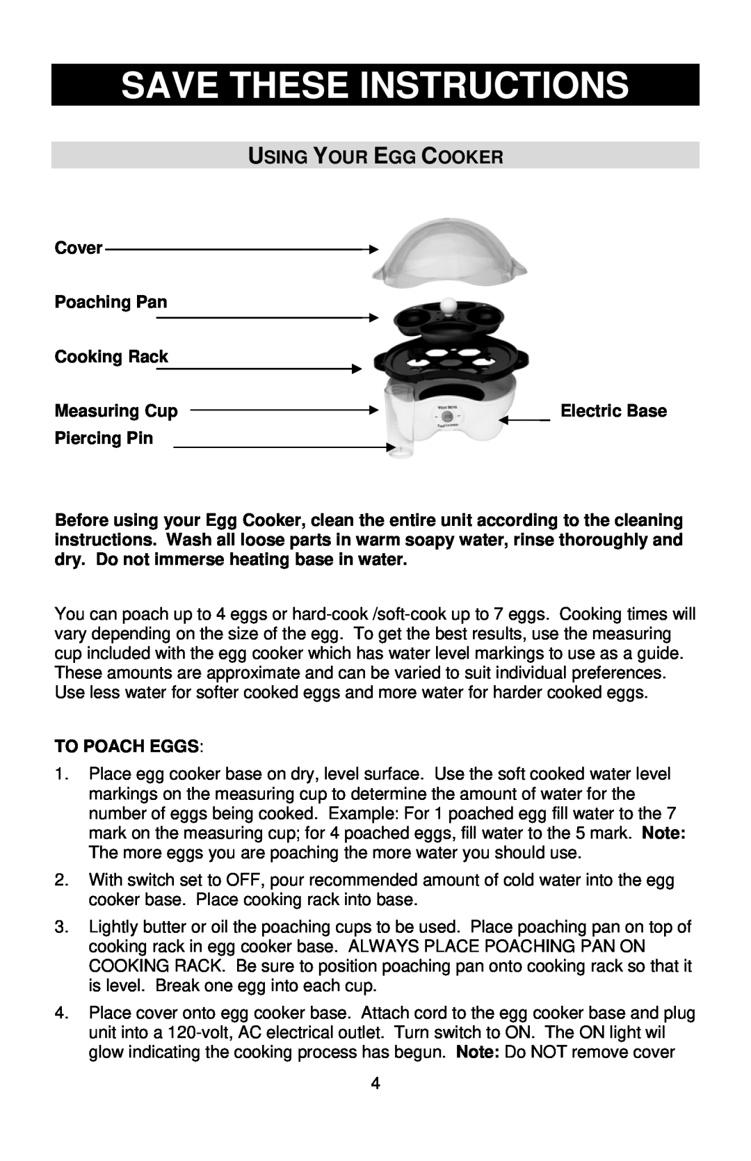 West Bend Automatic Egg Cooker Save These Instructions, Using Your Egg Cooker, Cover Poaching Pan Cooking Rack 