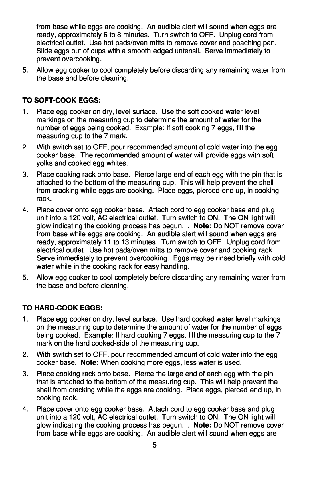 West Bend Automatic Egg Cooker instruction manual To Soft-Cookeggs, To Hard-Cookeggs 
