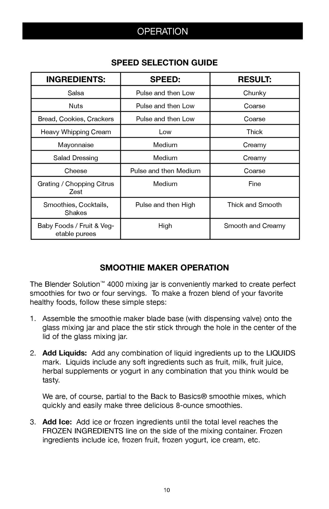 West Bend Back to Basics 4000 manual Speed Selection Guide Ingredients, Smoothie Maker Operation, Result 