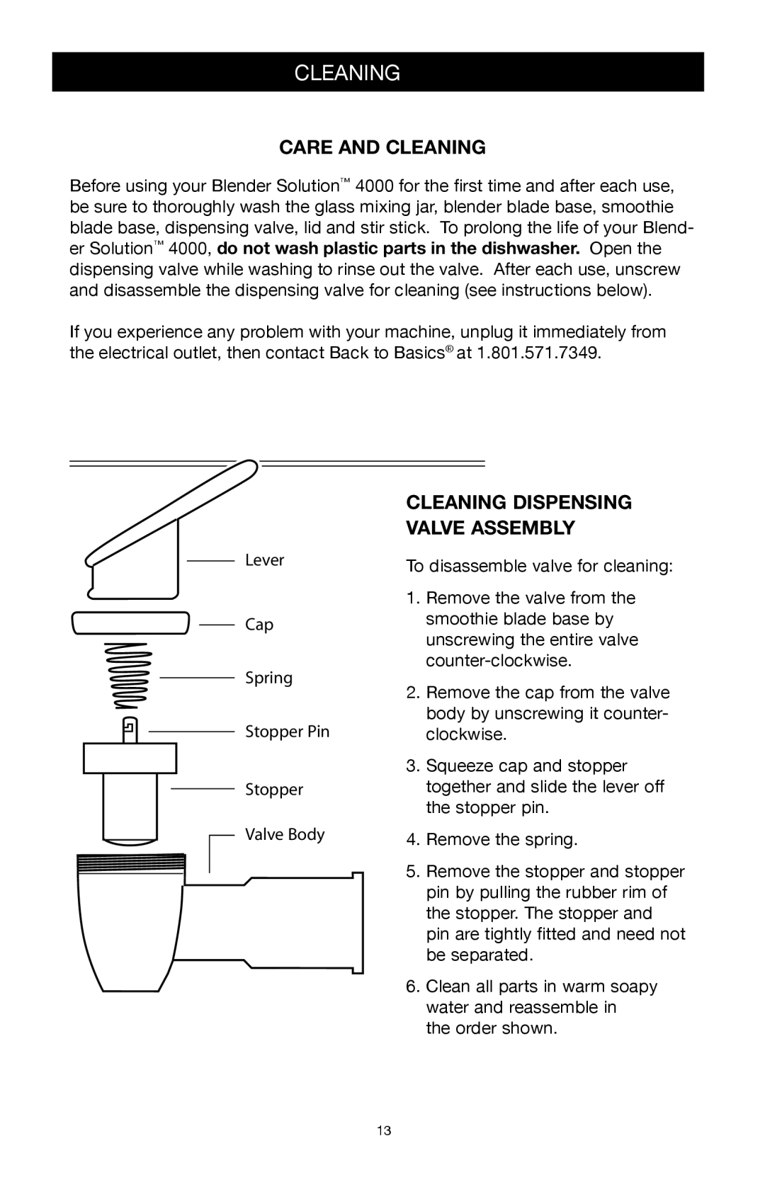 West Bend Back to Basics 4000 manual Care and Cleaning, Cleaning Dispensing Valve Assembly 