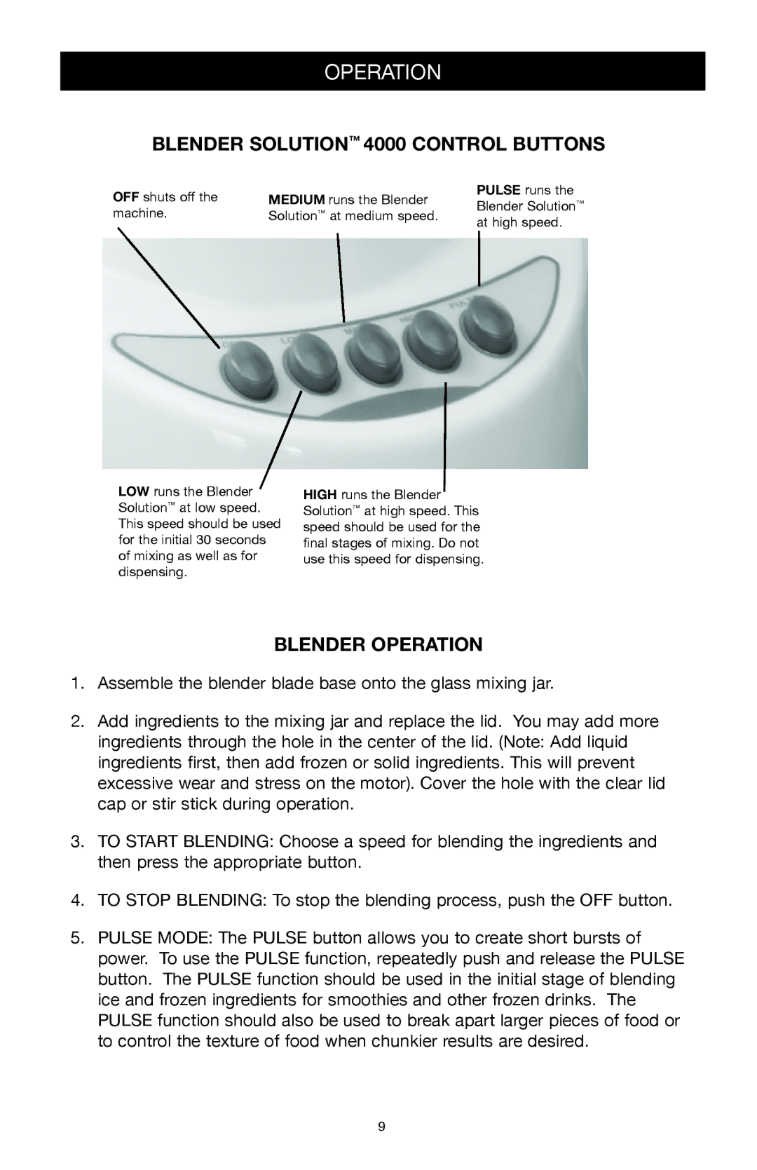 West Bend Back to Basics manual Blender Solution 4000 Control Buttons, Blender Operation 