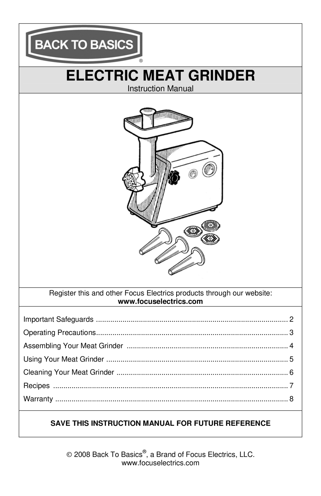 West Bend Back to Basics 4500 instruction manual Electric Meat Grinder 