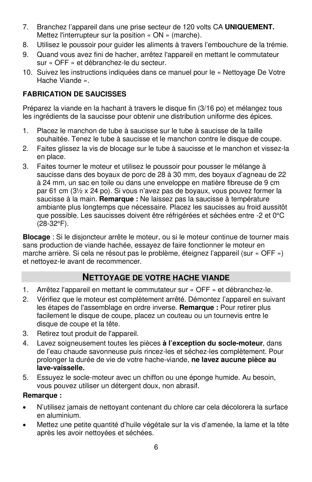 West Bend Back to Basics 4500 instruction manual Nettoyage DE Votre Hache Viande, Fabrication DE Saucisses 