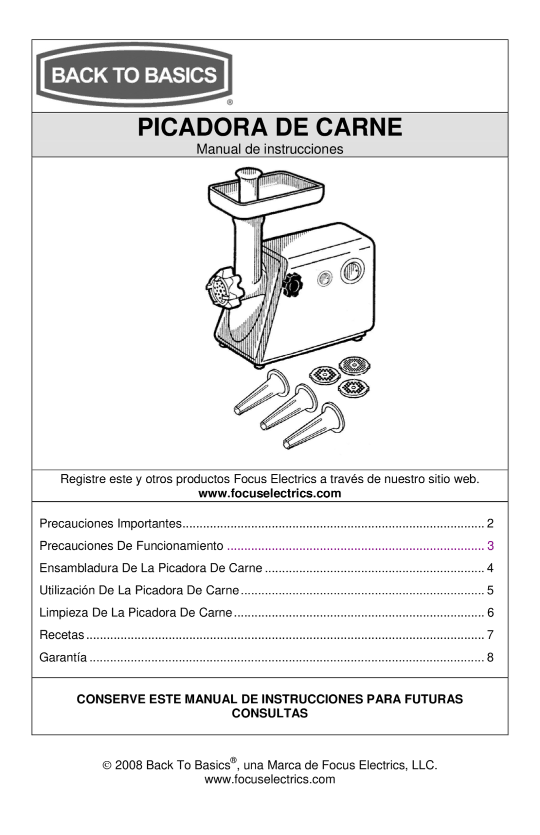 West Bend Back to Basics 4500 instruction manual Picadora DE Carne 