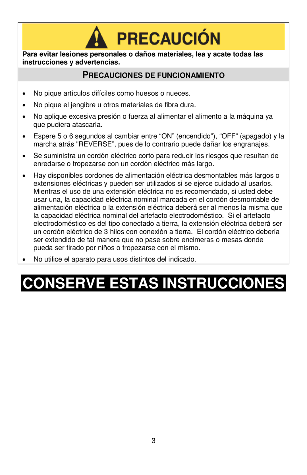 West Bend Back to Basics 4500 instruction manual Conserve Estas Instrucciones, Precauciones DE Funcionamiento 