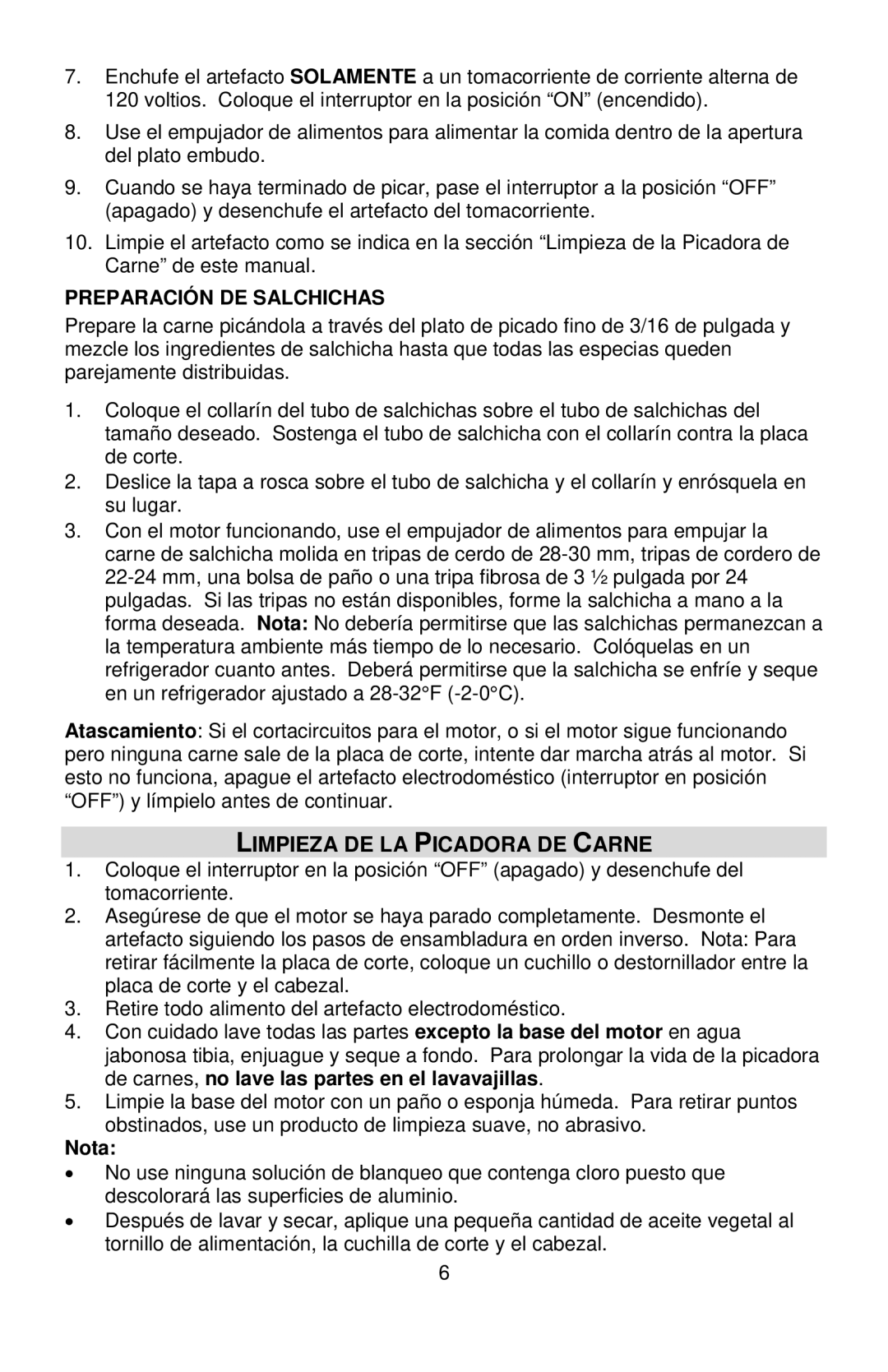 West Bend Back to Basics 4500 instruction manual Limpieza DE LA Picadora DE Carne, Preparación DE Salchichas 