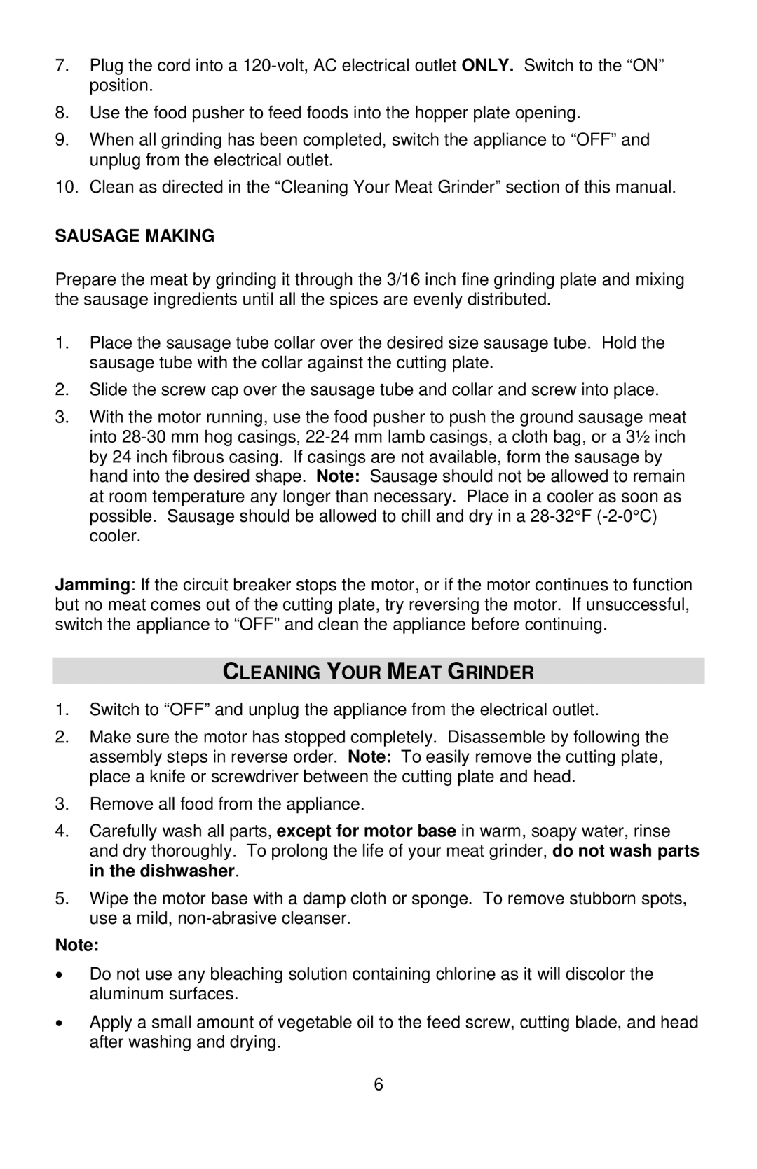 West Bend Back to Basics 4500 instruction manual Cleaning Your Meat Grinder, Sausage Making 