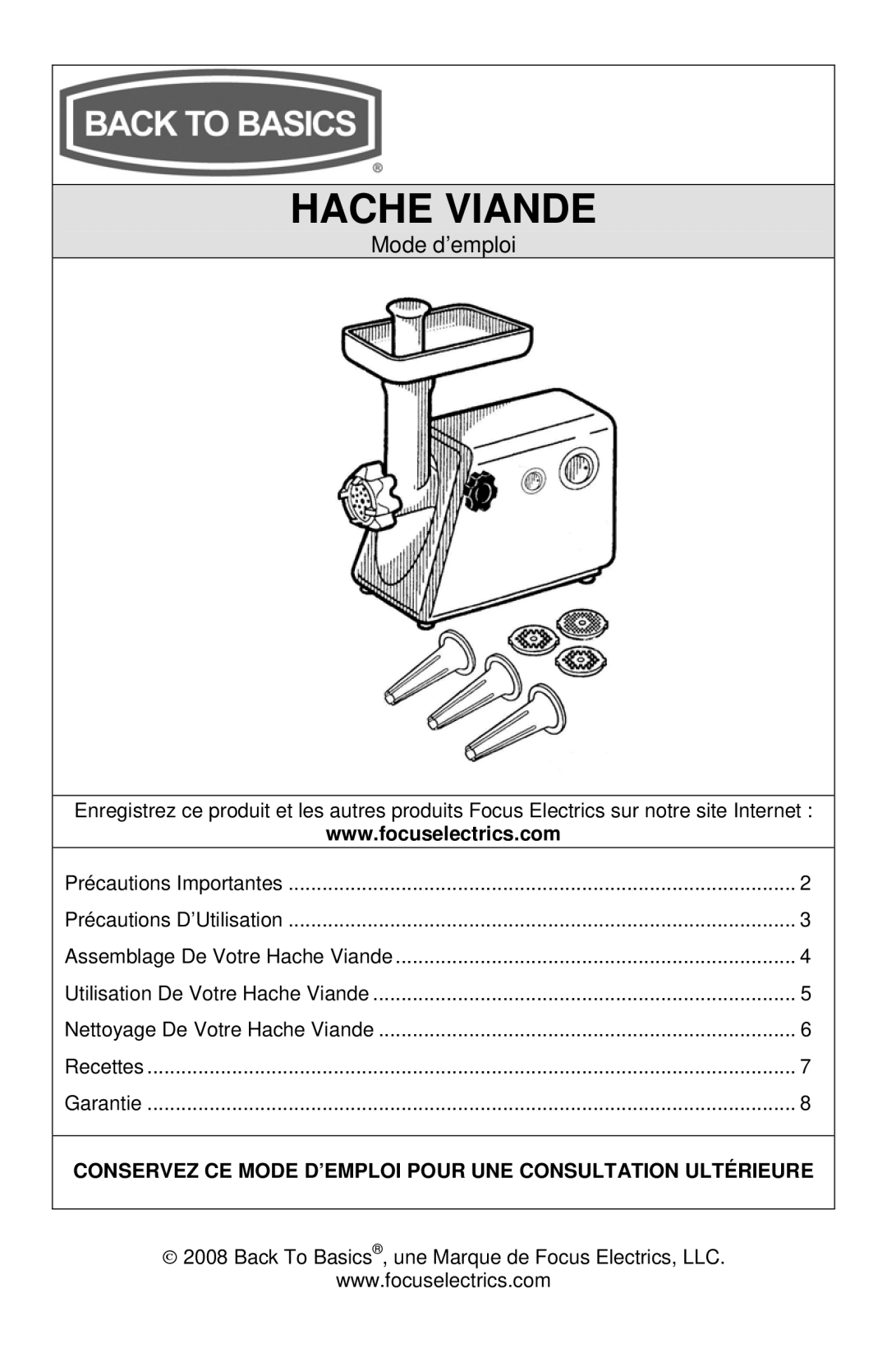 West Bend Back to Basics 4500 instruction manual Hache Viande, Conservez CE Mode D’EMPLOI Pour UNE Consultation Ultérieure 