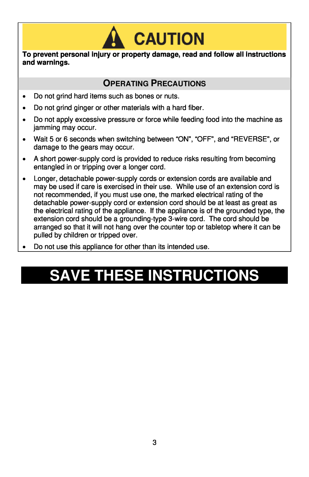 West Bend Back to Basics 4500 instruction manual Save These Instructions, Operating Precautions 