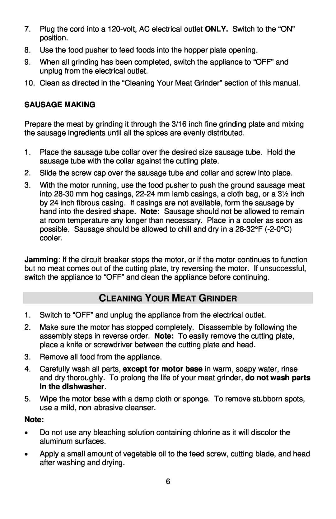 West Bend Back to Basics 4500 instruction manual Cleaning Your Meat Grinder, Sausage Making 