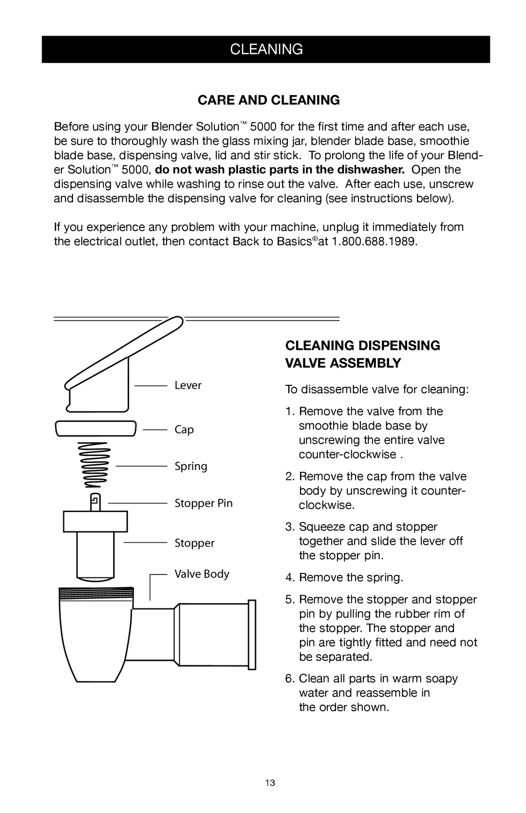 West Bend Back to Basics 5000 manuel dutilisation Care and Cleaning, Cleaning Dispensing Valve Assembly 