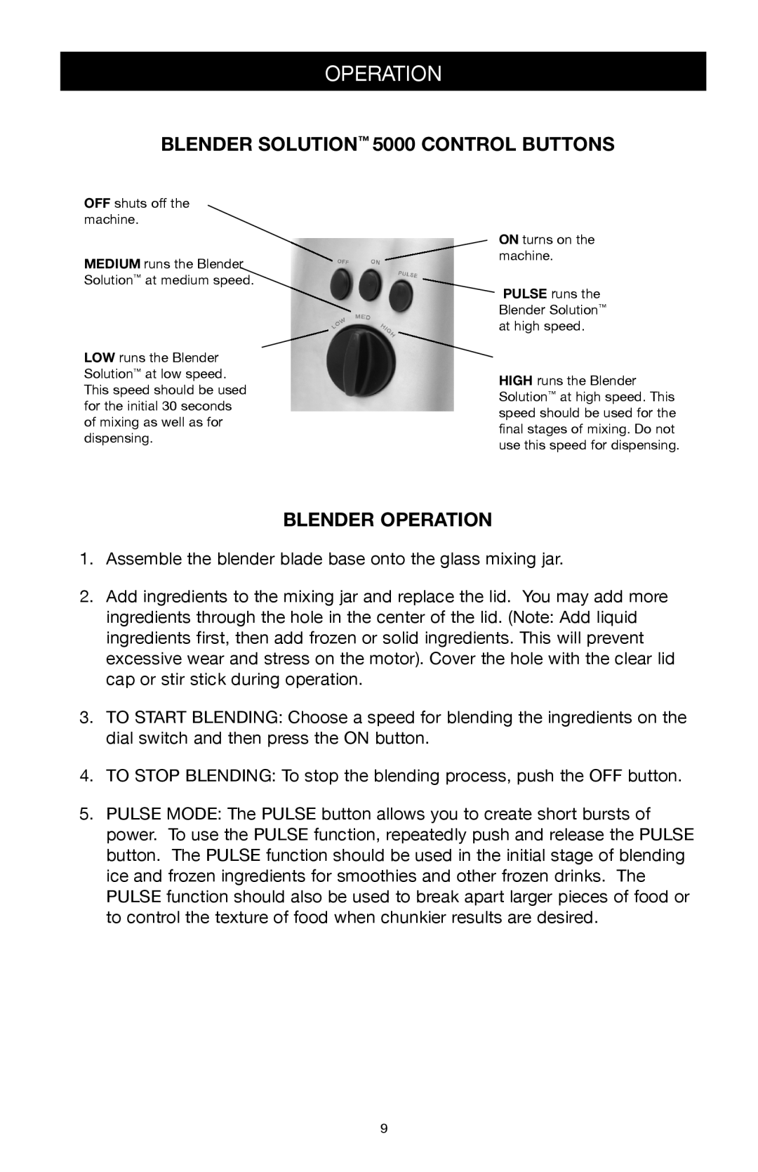 West Bend Back to Basics manuel dutilisation Blender Solution 5000 Control Buttons, Blender Operation 