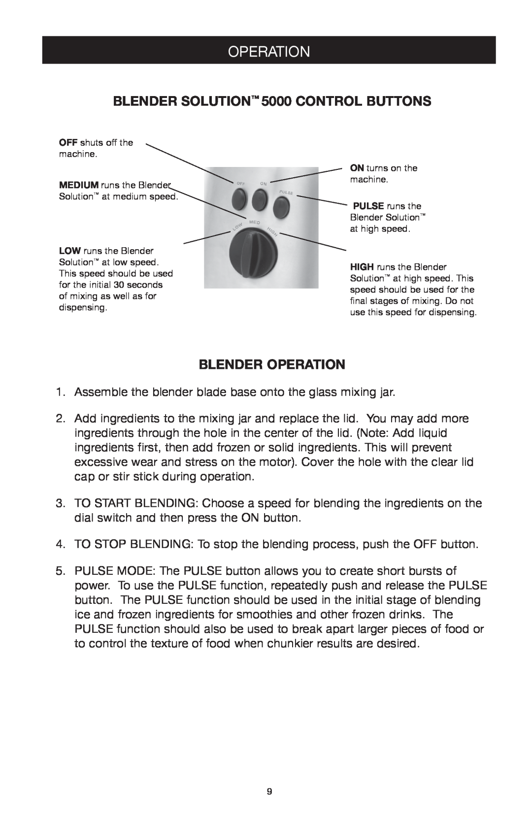 West Bend Back to Basics manuel dutilisation BLENDER SOLUTION 5000 CONTROL BUTTONS, Blender Operation 