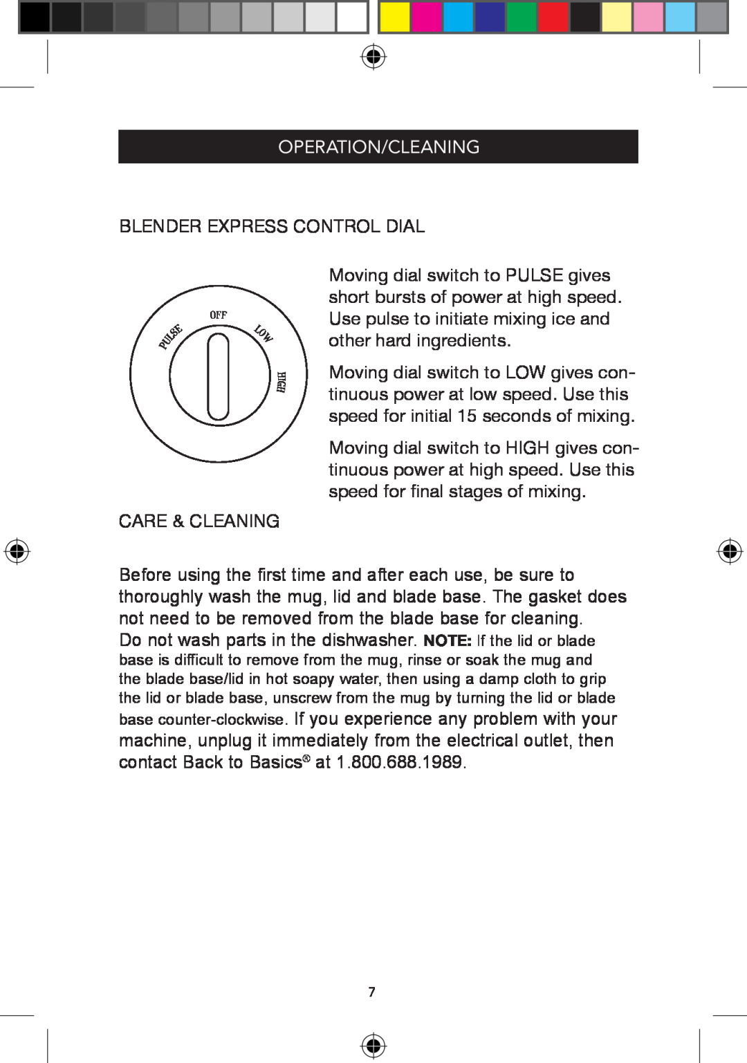 West Bend Back to Basics BPE3BRAUS manual Operation/Cleaning, Blender Express Contro L Dial 