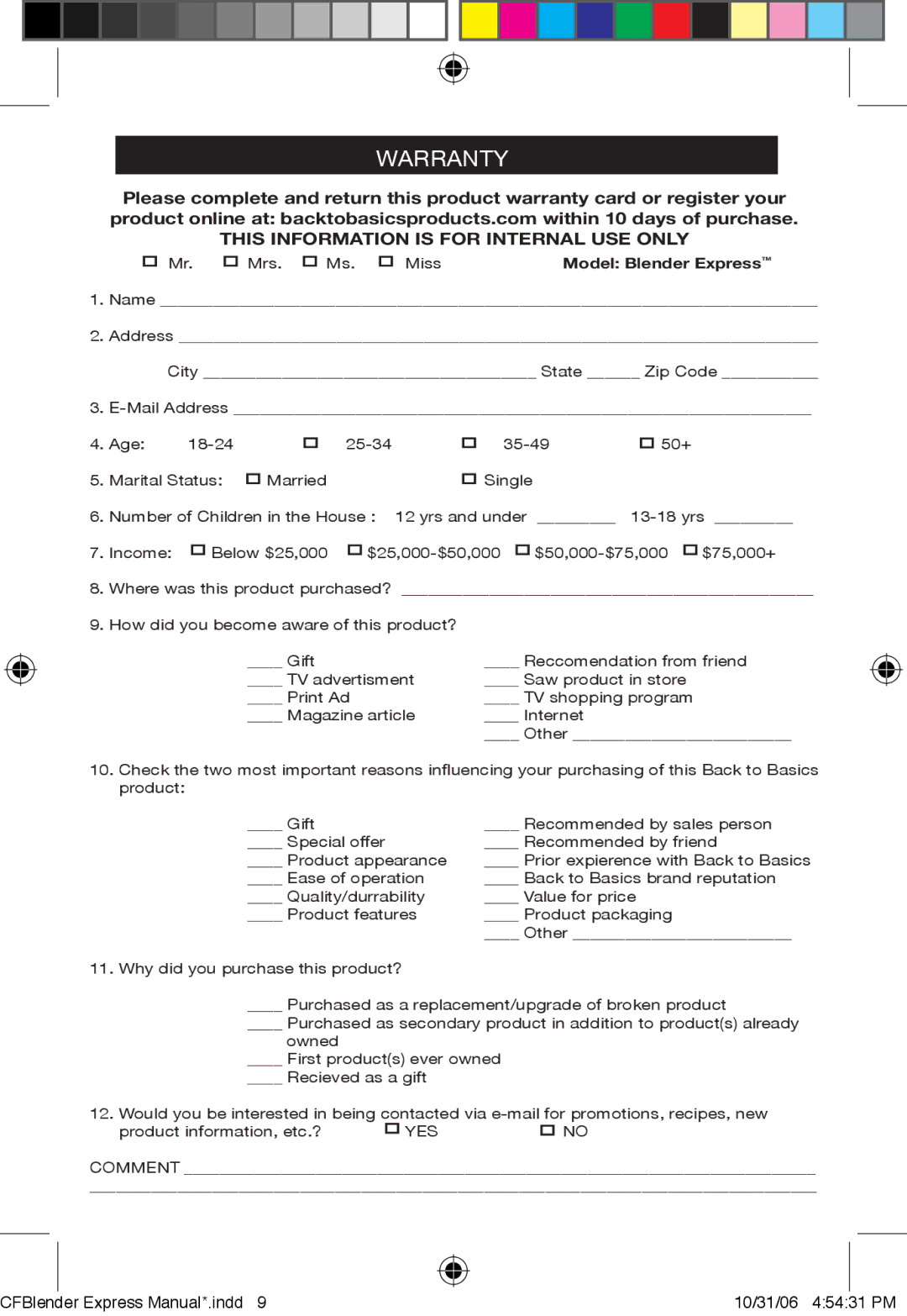 West Bend Back to Basics BPE3CF manual This Information is for Internal USE only 