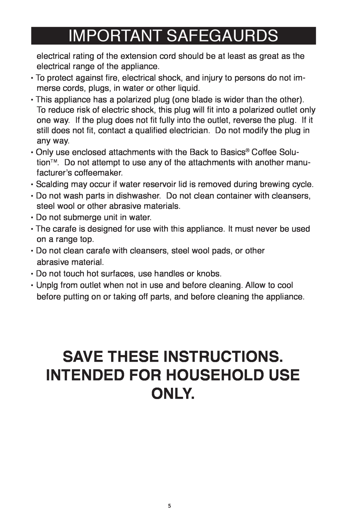 West Bend Back to Basics CC500 manual Save These Instructions Intended For Household Use Only, Important Safegaurds 