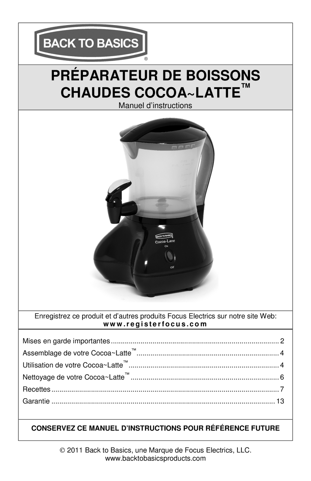 West Bend Back to Basics Cocoa~Latte instruction manual Préparateur DE Boissons Chaudes COCOA~LATTE 