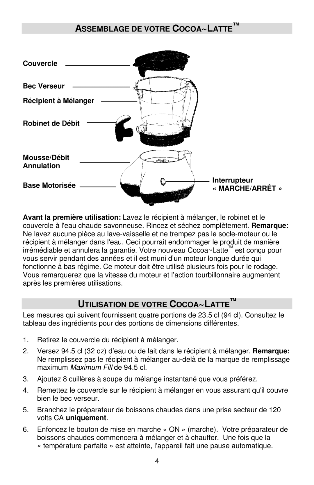 West Bend Back to Basics Cocoa~Latte instruction manual Assemblage DE Votre COCOA~LATTE, Utilisation DE Votre COCOA~LATTE 