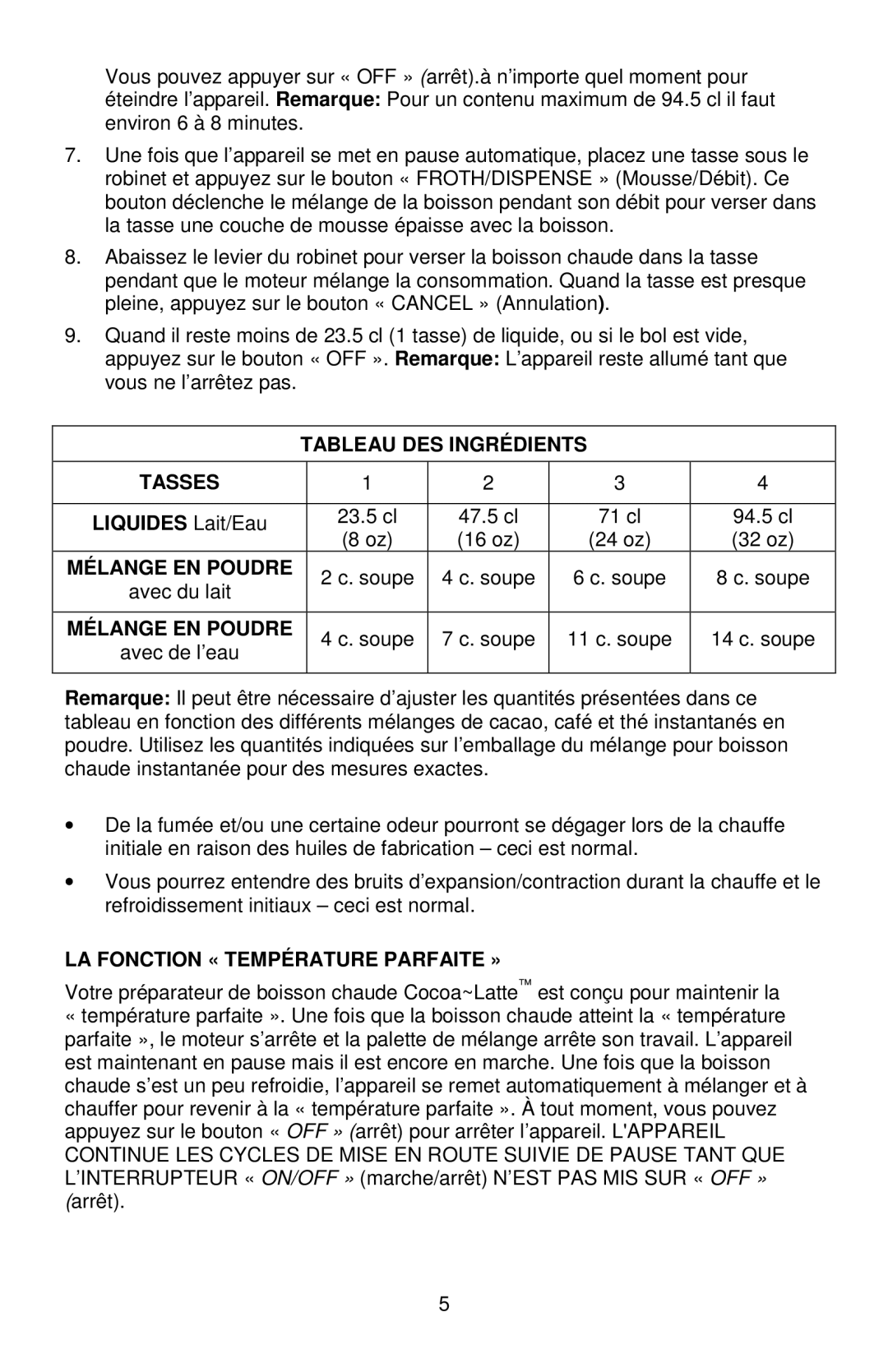 West Bend Back to Basics Cocoa~Latte instruction manual Tableau DES Ingrédients Tasses 