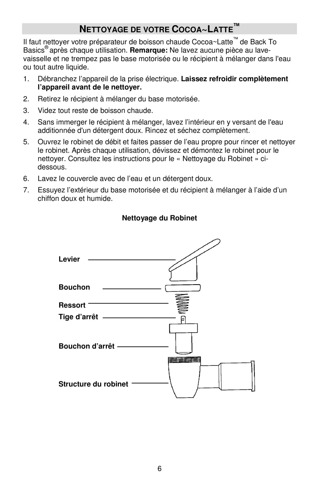 West Bend Back to Basics Cocoa~Latte instruction manual Nettoyage DE Votre COCOA~LATTE 