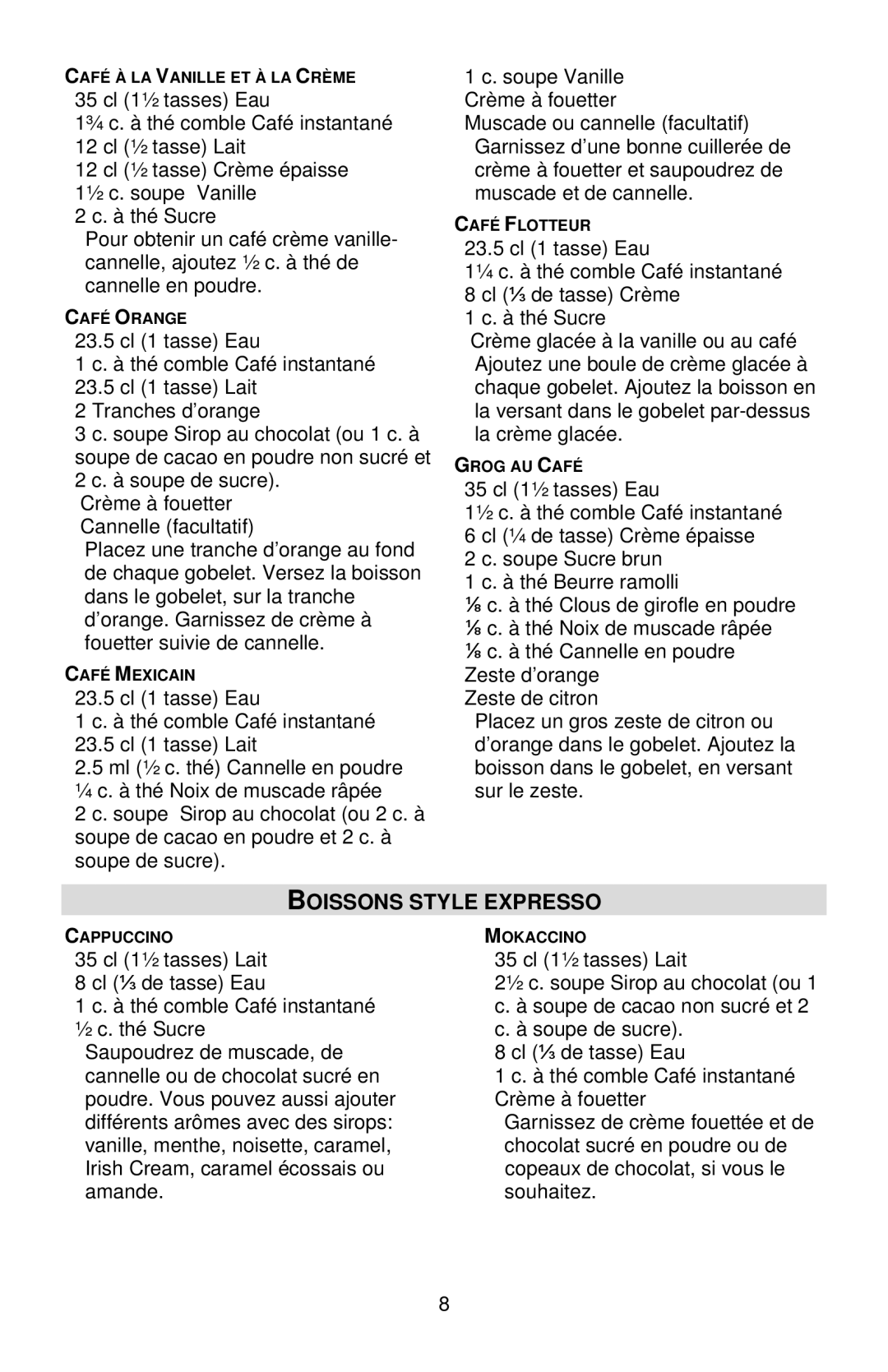 West Bend Back to Basics Cocoa~Latte instruction manual Boissons Style Expresso 