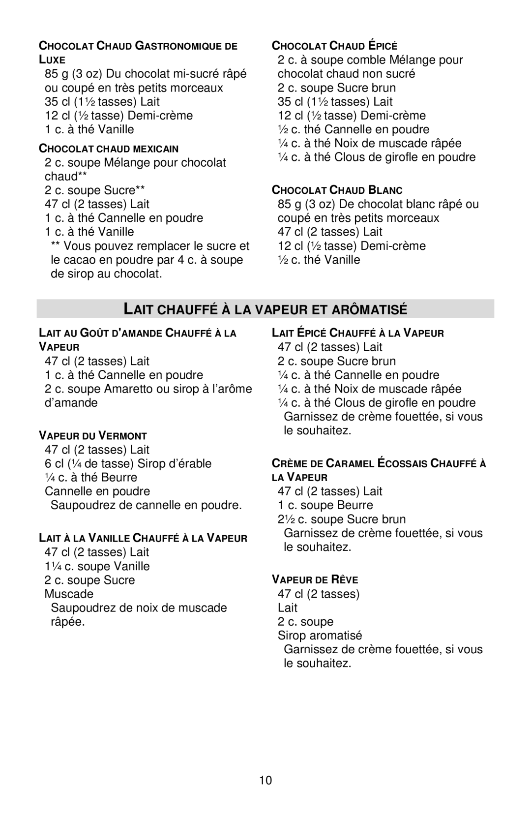 West Bend Back to Basics Cocoa~Latte instruction manual Lait Chauffé À LA Vapeur ET Arômatisé 