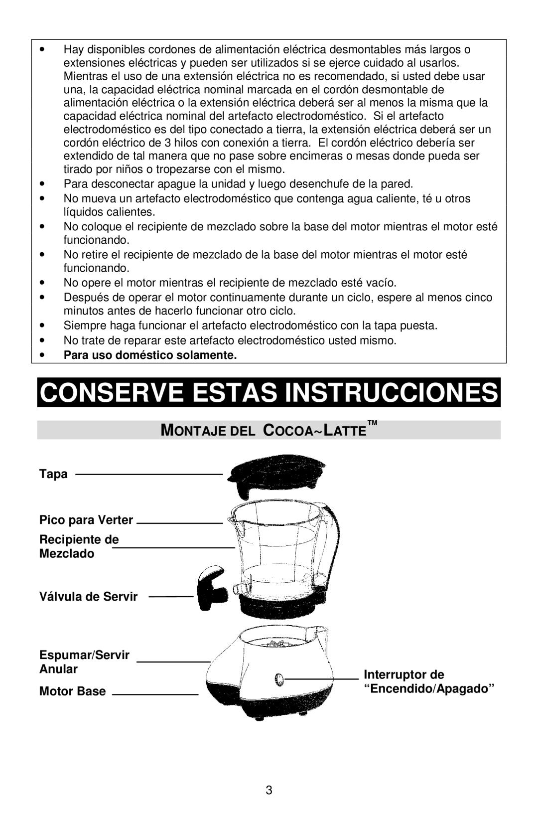 West Bend Back to Basics Cocoa~Latte instruction manual Conserve Estas Instrucciones, Montaje DEL COCOA~LATTE 