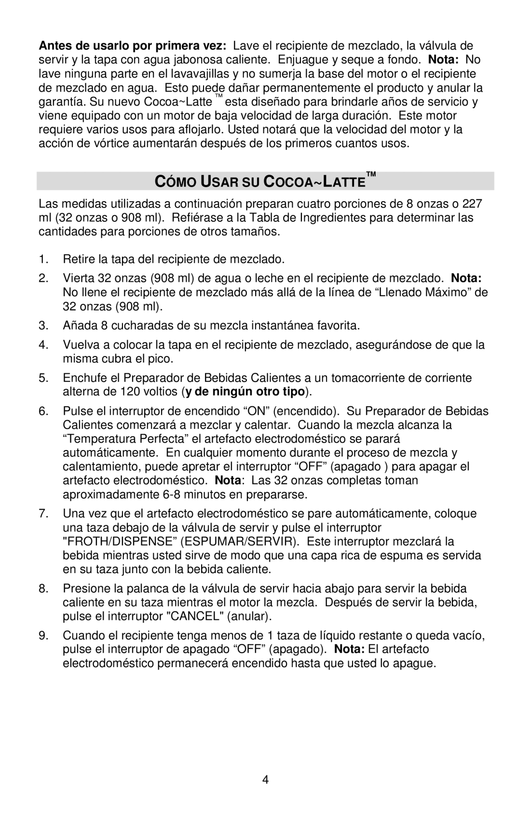 West Bend Back to Basics Cocoa~Latte instruction manual Cómo Usar SU COCOA~LATTE 