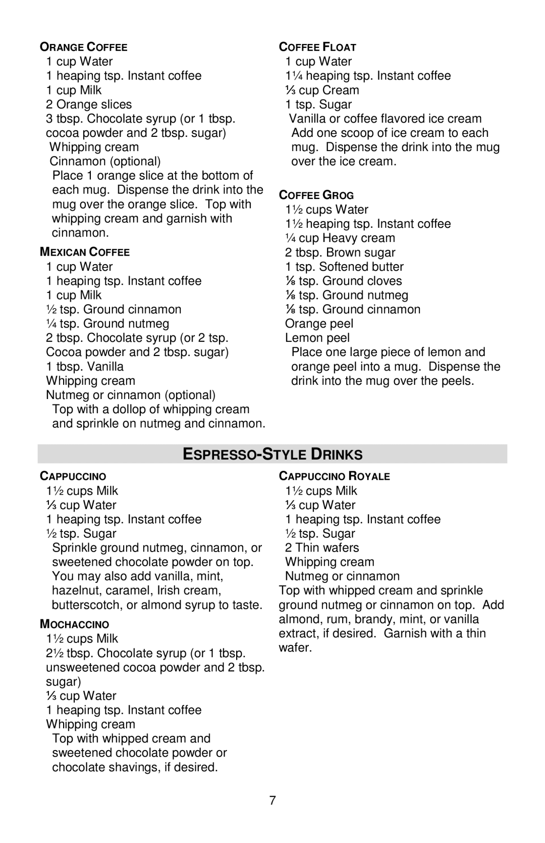 West Bend Back to Basics Cocoa~Latte instruction manual ESPRESSO-STYLE Drinks 